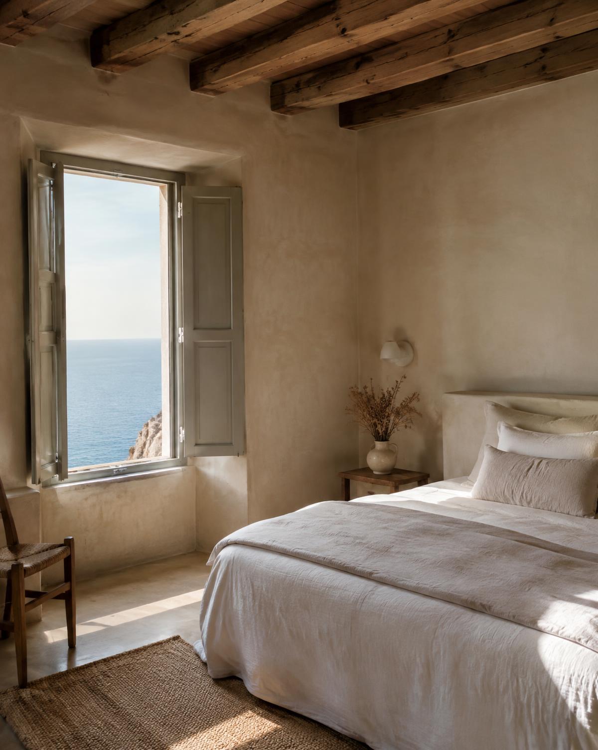 Chambre méditerranéenne en lin blanc avec vue sur la mer