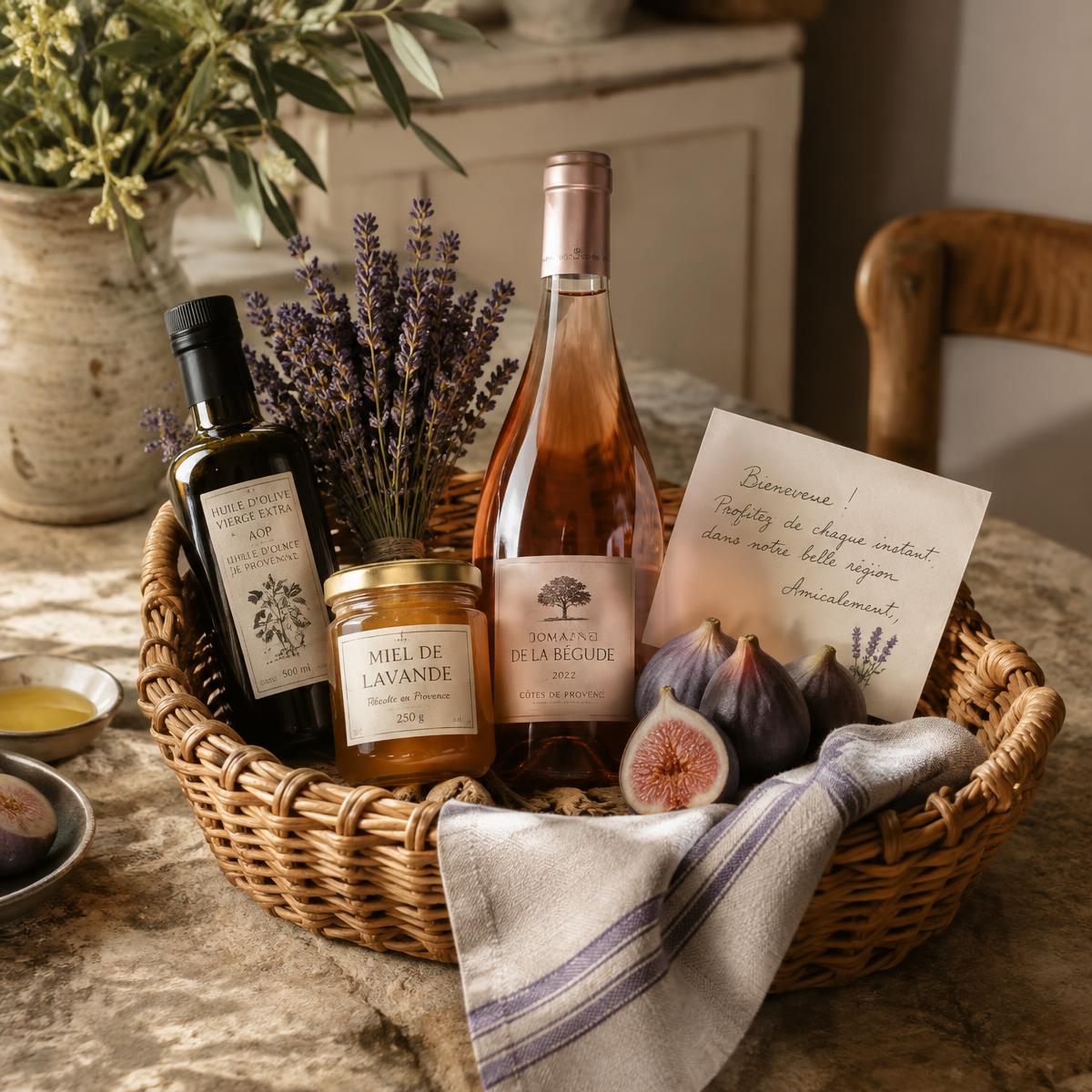 Panier de bienvenue provençal : huile d’olive, miel de lavande, rosé et figues